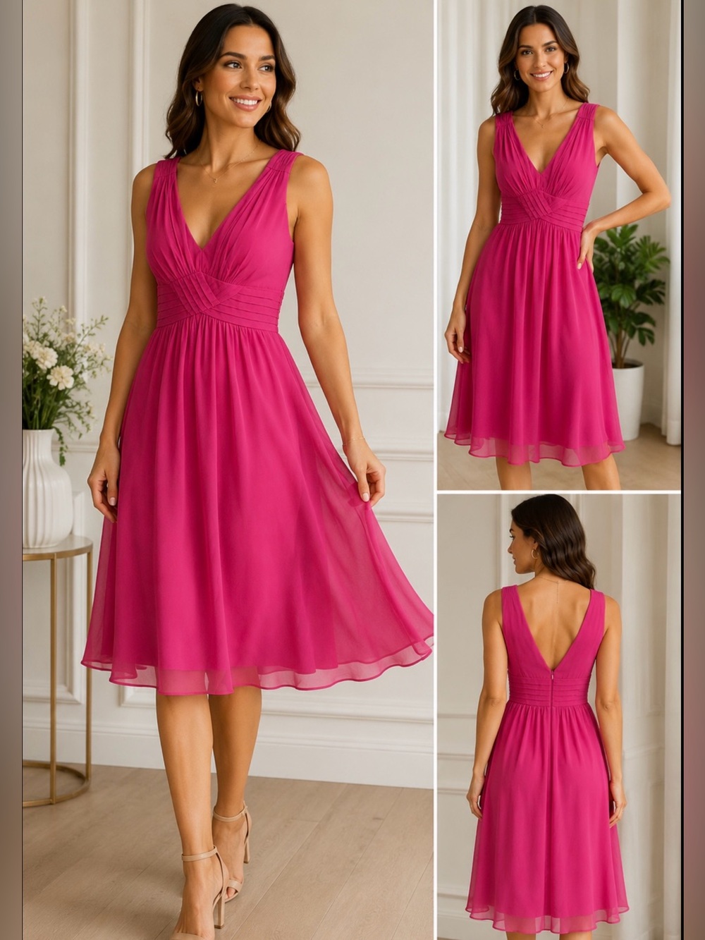 Suzi Chin Maggy Boutique Pink Silk Chiffon Midi Dress Size 4